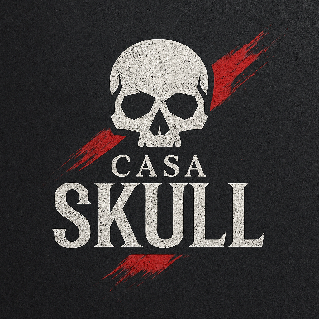 Logo Casa Skull streetwear premium avec crâne abstrait, typographie moderne, fond gris anthracite effet béton et accents rouges style pinceau, design mode luxe et urbain.